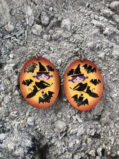 flying witch wood earrings