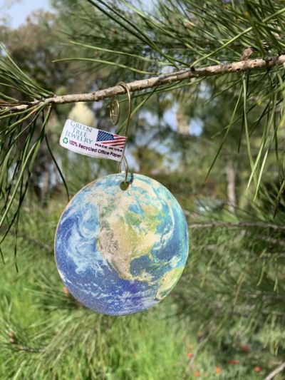 100% recycled office paper mapped earth ornament