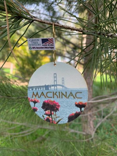 mackinac island ornament shown in 100% recycled office paper