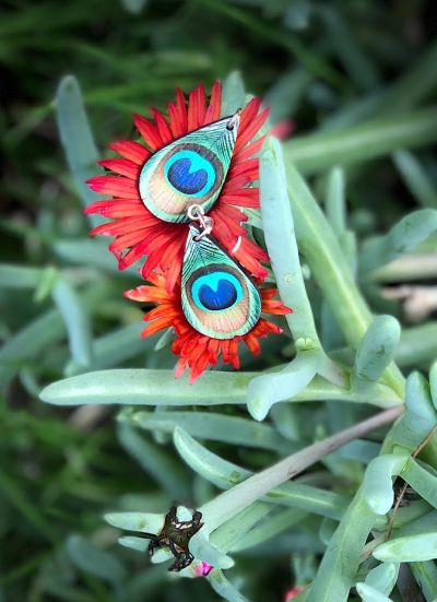 peacock feather wood earrings