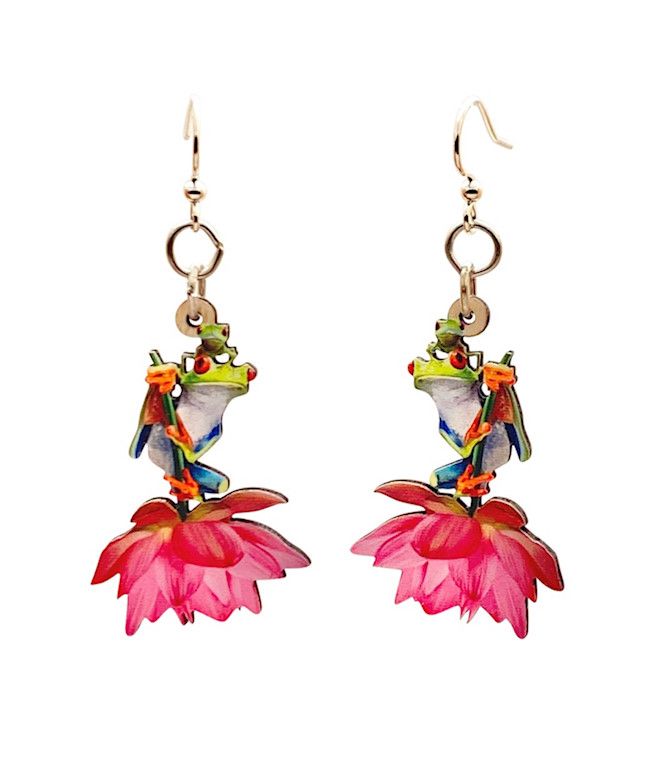 Frog on Flower Earrings made from Eco-Friendly Wood
